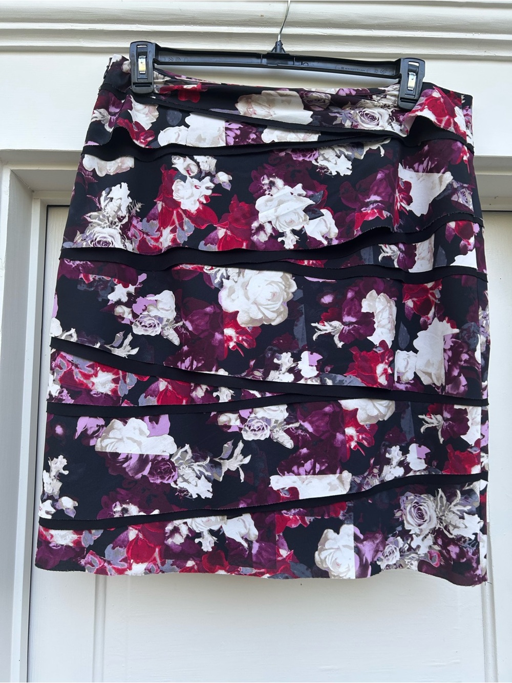 White House Black Market Floral Tiered Mini Skirt in Black, Plum and White